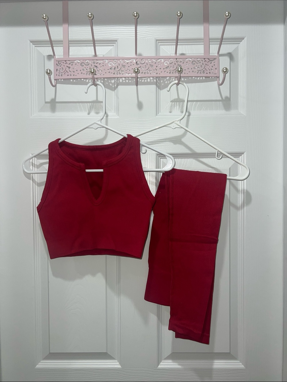 Red Ribbed Athletic Crop Top and Leggings Set